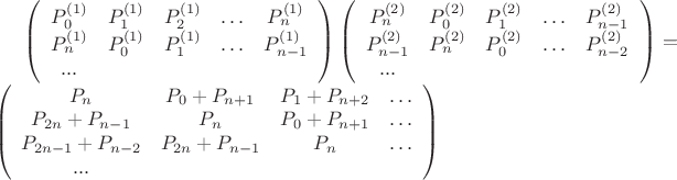 \left 
(
\begin{array}{ccccc}
P^{(1)}_0 & P^{(1)}_1 & P^{(1)}_2 & \ldots& P^{(1)}_n \\ 
P^{(1)}_n & P^{(1)}_0 & P^{(1)}_1 & \ldots & P^{(1)}_{n-1} \\ 
... 
\end{array}
\right
)
\left 
(
\begin{array}{ccccc}
P^{(2)}_n & P^{(2)}_0 & P^{(2)}_1 & \ldots& P^{(2)}_{n-1} \\ 
P^{(2)}_{n-1} & P^{(2)}_n & P^{(2)}_0 & \ldots & P^{(2)}_{n-2} \\ 
... 
\end{array}
\right
)
=
\left 
(
\begin{array}{cccc}
P_n                        & P_0+P_{n+1}        & P_1+P_{n+2} & \ldots \\ 
P_{2n} + P_{n-1}      & P_n                     & P_0+P_{n+1} & \ldots \\ 
P_{2n-1} + P_{n-2}   & P_{2n} + P_{n-1}   & P_n & \ldots \\ 
...
\end{array}
\right
)