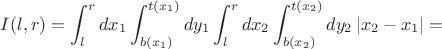 $$I(l,r)=\int_l^r dx_1 \int_{b(x_1)}^{t(x_1)} dy_1 \int_l^r dx_2 \int_{b(x_2)}^{t(x_2)} dy_2 \left|x_2-x_1\right| =$$