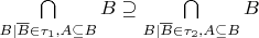 $\bigcap\limits_{B | \overline{B} \in \tau_1, A \subseteq B} B \supseteq \bigcap\limits_{B | \overline{B} \in \tau_2, A \subseteq B} B$