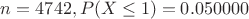 $n = 4742, P(X \leq 1) = 0.050000$