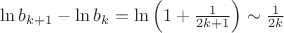 $\ln b_{k+1} - \ln b_k = \ln \left( 1+ \frac{1}{2k+1} \right) \sim \frac{1}{2k}$