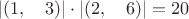 $$| ( 1  , \quad 3 )  | \cdot  | ( 2 , \quad 6 ) | = 20 $$