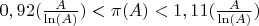 $0,92(\frac{A}{\ln(A)})<\pi(A)<1,11(\frac{A}{\ln(A)})$