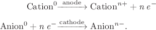 $$\begin{align}\mathrm{Cation^0}&\mathrm{\xrightarrow[\hphantom{cathode}]{anode}Cation^{\mathit{n}+}+\mathit{n\,e^-}}\\\mathrm{Anion^0+\mathit{n\,e^-}}&\mathrm{\xrightarrow{cathode}Anion^{\mathit{n}-}}.\end{align}$$