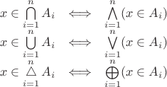 $$\begin{array}{rcl}x \in \bigcap\limits_{i=1}^n A_i & \Longleftrightarrow & \bigwedge\limits_{i=1}^n (x \in A_i) \\ x \in \bigcup\limits_{i=1}^n A_i & \Longleftrightarrow & \bigvee\limits_{i=1}^n (x \in A_i) \\ x \in \mathop{\triangle}\limits_{i=1}^n A_i & \Longleftrightarrow & \bigoplus\limits_{i=1}^n (x \in A_i)\end{array}$$