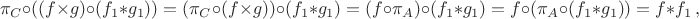 $$\pi_C\circ((f\times g)\circ(f_1\ast g_1))=(\pi_C\circ(f\times g))\circ(f_1\ast g_1)= 
(f\circ\pi_A)\circ(f_1\ast g_1)=f\circ(\pi_A\circ(f_1\ast g_1))=f\ast f_1\,,$$