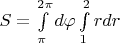 $S=\int\limits_\pi^{2\pi} d\varphi \int\limits_{1}^{2}rdr$