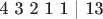 4  3  2  1  1 | 13