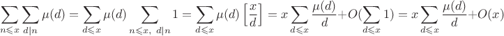 $$\sum\limits_{n\leqslant x}\sum\limits_{d\mid n}\mu(d)=\sum\limits_{d\leqslant x}\mu(d)\sum\limits_{n\leqslant x, \ d\mid n}1=\sum\limits_{d\leqslant x}\mu(d)\left[\frac{x}{d}\right]=x\sum\limits_{d\leqslant x}\frac{\mu(d)}{d}+O(\sum\limits_{d\leqslant x}1)=x\sum\limits_{d\leqslant x}\frac{\mu(d)}{d}+O(x)$$