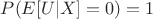 $P(E[U|X] = 0)= 1$