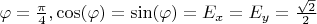 $\varphi = \frac{\pi}{4}, \cos( \varphi ) = \sin( \varphi ) = E_x=E_y=\frac{\sqrt{2}}{2}$