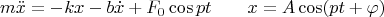 $$m\ddot{x}=-kx-b\dot{x}+F_0\cos pt\qquad x=A\cos(pt+\varphi)$$