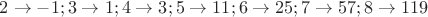 $2\to-1; 3\to1; 4\to3; 5\to11; 6\to25; 7\to57; 8\to119$
