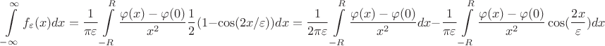$$\int\limits_{-\infty}^{\infty}f_\varepsilon(x)dx=\frac{1}{\pi\varepsilon}\int\limits_{-R}^{R}\frac{\varphi(x)-\varphi(0)}{x^2}\frac{1}{2}(1-\cos(2x/\varepsilon))dx=\frac{1}{2\pi\varepsilon}\int\limits_{-R}^{R}\frac{\varphi(x)-\varphi(0)}{x^2}dx - \frac{1}{\pi\varepsilon}\int\limits_{-R}^{R}\frac{\varphi(x)-\varphi(0)}{x^2}\cos(\frac{2x}{\varepsilon})dx$$