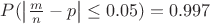 $P(\left|\frac{m}{n}-p\right|\le0.05)=0.997$ $P(\left|\frac{m}{n}-p\right|\le0.05)=0.997$