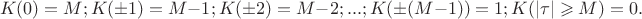 $$K(0)=M;K(\pm 1)=M-1;K(\pm 2)=M-2;...;K(\pm (M-1))=1;K(|\tau| \geqslant M)=0.$$
