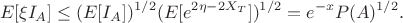 $$
E[\xi I_A]\le (E[I_A])^{1/2}(E[e^{2\eta - 2 X_T}])^{1/2}=e^{-x}P(A)^{1/2}.
$$