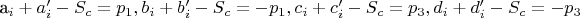 a_i + a_i' - S_c = p_1,
b_i + b_i' - S_c = -p_1,
c_i + c_i' - S_c = p_3,
d_i + d_i' - S_c = -p_3