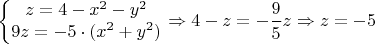$$\left\{\begin{matrix}
z=4-x^2-y^2\\ 
9z=-5 \cdot (x^2+y^2)
\end{matrix}\right. \Rightarrow 4-z = - \frac{9}{5} z \Rightarrow z =-5$$