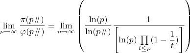$$\lim\limits_{p\to\infty} \dfrac{\pi(p\#)}{\varphi(p\#)} = \lim\limits_{p\to\infty} \left(\dfrac{\ln(p)}{\ln(p\#)}\dfrac{1}{\left[\ln(p)\prod\limits_{t \le p} (1-\dfrac{1}{t})\right]}\right)$$