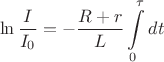 \[
\ln \frac{I}
{{I_0 }} =  - \frac{{R + r}}
{L}\int\limits_0^\tau  {dt} 
\]