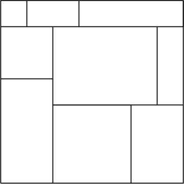 $\begin{tikzpicture}
\draw[thick] (0,0)--(0,7)--(7,7)--(7,0)--(0,0);
\draw[thick] (0,6)--(1,6)--(1,7);
\draw[thick] (1,6)--(3,6)--(3,7);
\draw[thick] (3,6)--(7,6)--(7,7);
\draw[thick] (0,4)--(2,4)--(2,6);
\draw[thick] (2,0)--(2,4)--(2,4);
\draw[thick] (5,0)--(5,3)--(2,3);
\draw[thick] (2,3)--(6,3)--(6,6);
\draw[thick] (6,3)--(7,3);
\end{tikzpicture}$