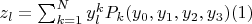 $z_l=\sum_{k=1}^N y_l^k P_k(y_0,y_1,y_2,y_3)\eqno(1)$