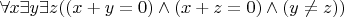 $\forall x\exists y\exists z((x+y=0)\wedge(x+z=0)\wedge(y\neq z))$