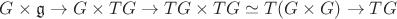 $G\times\mathfrak g\to G\times TG\to TG\times TG\simeq T(G\times G)\to TG$ $G\times\mathfrak g\to G\times TG\to TG\times TG\simeq T(G\times G)\to TG$