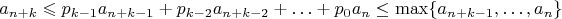 $$a_{n+k}\leqslant p_{k-1}a_{n+k-1}+p_{k-2}a_{n+k-2}+\ldots+p_0a_n \leq \max \{a_{n+k-1},\dots,a_n\}$$