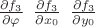 $\frac{\partial f_3}{\partial \varphi}\,\,\, \frac{\partial f_3}{\partial x_0}\,\,\, \frac{\partial f_3}{\partial y_0}$