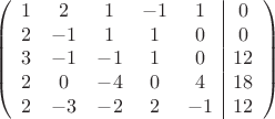 $$\left(\begin{array}{ccccc|c}
1& 2& 1&-1&1&0\\
2&-1& 1&1&0&0\\
3&-1&-1&1&0&12\\
2& 0& -4& 0&4&18\\
2&-3& -2& 2&-1&12\\
\end{array}\right)$$