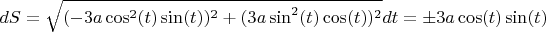$dS=\sqrt{(-3a\cos^2(t)\sin(t))^2+(3a\sin^2(t)\cos(t))^2}dt=\pm3a\cos(t)\sin(t)$