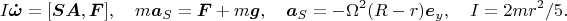 $$I\boldsymbol{\dot\omega}=[\boldsymbol{SA},\boldsymbol F],\quad m \boldsymbol a_S=\boldsymbol F+m\boldsymbol g,\quad \boldsymbol a_S=-\Omega^2(R-r)\boldsymbol e_y,\quad I=2mr^2/5.$$