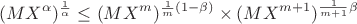 $$(MX^\alpha)^{\frac{1}{\alpha}} \le (MX^m)^{\frac{1}{m}(1-\beta)}\times (MX^{m+1})^{\frac{1}{m+1}\beta}$$