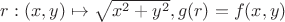 $ r:(x,y)\mapsto\sqrt{x^{2}+y^{2}},g(r)=f(x,y)$