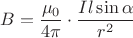 $B=\dfrac{\mu_0}{4\pi}\cdot{\dfrac{Il\sin{\alpha}}{r^2}}$