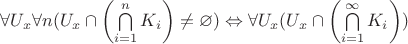 $\forall U_x\forall n (U_x\cap\left(\bigcap\limits_{i=1}^{n}K_i\right)\ne\varnothing)\Leftrightarrow\forall U_x (U_x\cap\left(\bigcap\limits_{i=1}^{\infty}K_i\right)) $