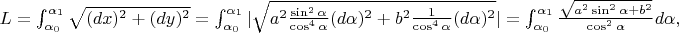 $L=\int_{\alpha_0}^{\alpha_1}\sqrt{(dx)^2+(dy)^2}=\int_{\alpha_0}^{\alpha_1}|\sqrt{a^2\frac{\sin^2\alpha}{\cos^4\alpha}(d\alpha)^2+b^2\frac{1}{\cos^4\alpha}(d\alpha)^2}|=\int_{\alpha_0}^{\alpha_1}\frac{\sqrt{a^2\sin^2\alpha+b^2}}{\cos^2\alpha}d\alpha,$