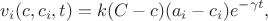 $$
v_i(c,c_i,t) = k(C-c)(a_i-c_i)e^{-\gamma t},
$$