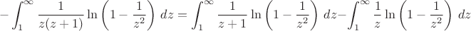 $$-\int_1^\infty\frac{1}{z(z+1)}\ln\left(1-\frac{1}{z^2}\right)\,dz=\int_1^\infty\frac{1}{z+1}\ln\left(1-\frac{1}{z^2}\right)\,dz-\int_1^\infty\frac{1}{z}\ln\left(1-\frac{1}{z^2}\right)\,dz$$