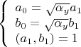 $$\left\{
\begin{array}{lcl}
 a_0=\sqrt{\alpha_y}a_1 \\
 b_0=\sqrt{\alpha_y}b_1\\
 (a_1,b_1)=1
\end{array}
\right.$$
