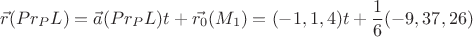$$
\vec{r}(Pr_{P}L) = \vec{a}(Pr_{P}L) t + \vec{r_0}(M_1) = (-1,1,4) t + \frac{1}{6} (-9,37,26)
$$