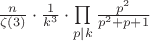 $\frac{n}{\zeta(3)}\cdot\frac{1}{k^3}\cdot\prod\limits_{p|k}^{}\frac{p^2}{p^2+p+1}$