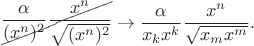 $$\begin{xy}*{\dfrac{\alpha}{(x^n)^2}\dfrac{x^n}{\sqrt{(x^n)^2}}};p+LD;+UR**h@{-}\end{xy}\to \dfrac{\alpha}{x_k x^k}\dfrac{x^n}{\sqrt{x_m x^m}}.$$