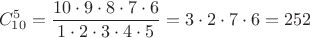 $$C_{10}^5=\frac{10\cdot9\cdot8\cdot7\cdot6}{1\cdot2\cdot3\cdot4\cdot5}=3\cdot2\cdot7\cdot6=252$$