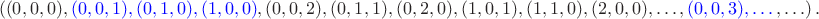 $$\left( (0,0,0), \textcolor{blue}{(0,0,1), (0,1,0), (1,0,0)}, (0,0,2), (0,1,1), (0,2,0), (1,0,1), (1,1,0), (2,0,0), \ldots, \textcolor{blue}{(0,0,3), \ldots\,}, \ldots \right).$$