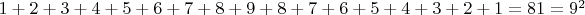 $1+2+3+4+5+6+7+8+9+8+7+6+5+4+3+2+1=81=9^2$