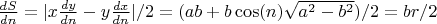 $\frac{dS}{dn} = |x \frac{dy}{dn} - y \frac{dx}{dn}|/2 = (a b + b\cos(n)\sqrt{a^2-b^2})/2 = b r / 2$