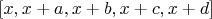 $[x,x+a,x+b,x+c,x+d]$